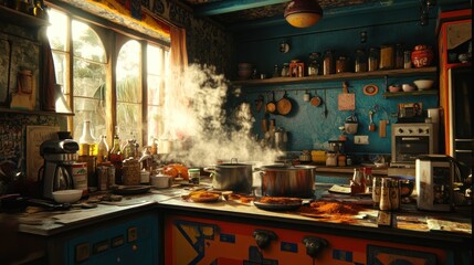 A vibrant kitchen scene with steam rising from pots amidst a colorful, cluttered environment.