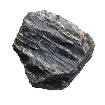 Top view of a hyperrealistic single schist rock in an irregular shape isolated on a white transparent background