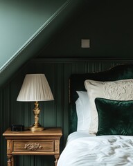 Front view close-up of a luxurious Parisian-style bed and side table with a table lamp in a bright cozy apartment