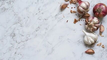 Obraz premium White Background with Garlic and Onion, Simple Ingredients Displayed, Ready to Add Flavor to Culinary Creations.