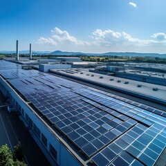 Aerial view of a factory roof covered in solar panels under a clear blue sky.