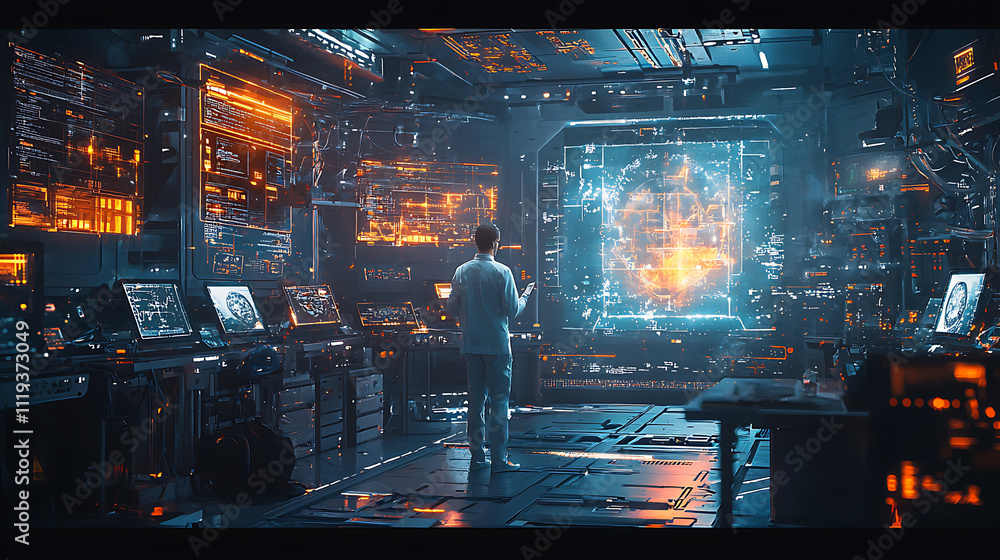 Poster futuristic technologist exploring a holographic network interface in a high-tech control room