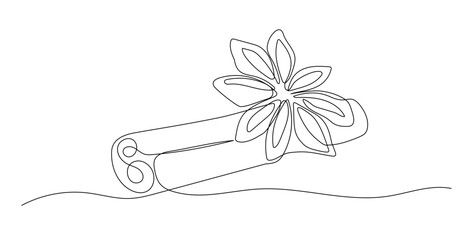 Cinnamon one line illustration. Hand drawn continuous sketch of anise star on white background