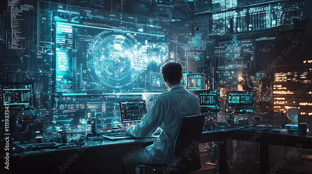 Poster cybersecurity specialist working in futuristic control room monitoring global network data streams a