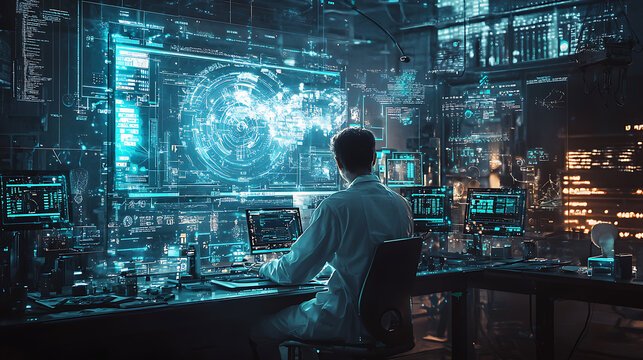Cybersecurity Specialist Working in Futuristic Control Room Monitoring Global Network Data Streams and Digital Information
