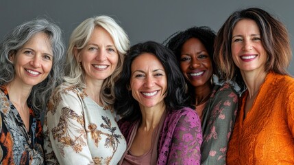 Obraz premium A group of five women of different backgrounds stands together, exuding joy and unity. Their diverse features and expressions reflect warmth and confidence, highlighting beauty in variety