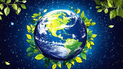 Naklejka premium Earth Encircled by Lush Green Leaves in Space