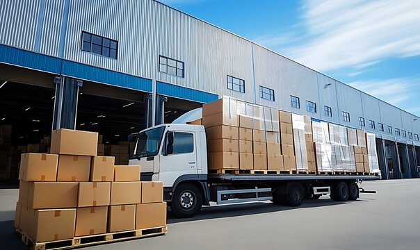 Optimizing delivery with boxes packed and loaded onto a large truck outside a warehouse Symbolizing efficiency and logistics, Generative Ai