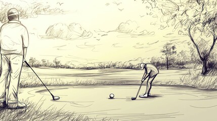 A sketch of two golfers preparing to play on a sunny golf course.