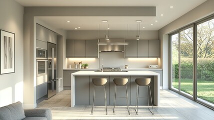 Minimalist kitchen interior with bar table, modern furniture and glass windows