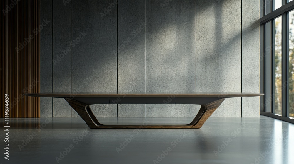 Aufkleber Natural light fills a sleek, modern workspace that highlights a unique wooden table. Soft shadows and minimalistic decor create a serene environment ideal for collaboration and brainstorming