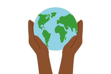 Human hands holding planet Earth. Ecology and care concept. Save the planet. Clipart flat illustration. 	
