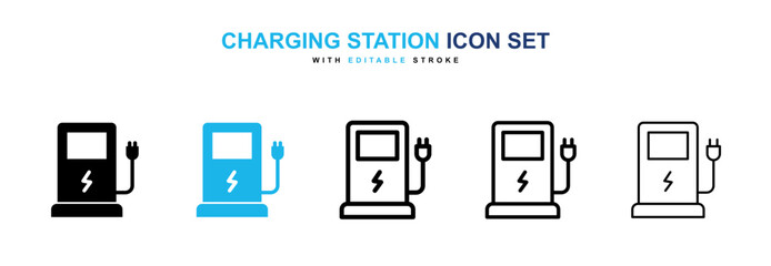 Charging station icon collection in black and blue colors