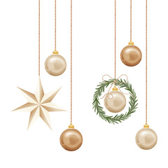 Vector illustration of eco-friendly Christmas decorations, featuring gold and beige ornaments, a paper star, and a rosemary wreath, all hanging on minimalist strings, isolated on a white background.