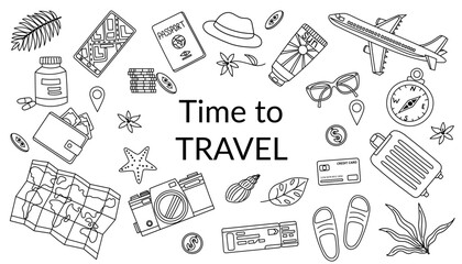 Travel and vacation concept. Set of travel objects on white background. Hand drawn doodle illustration.