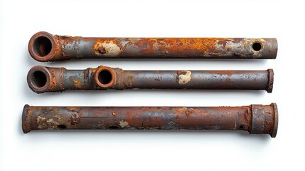 Very old rusty pieces of drainage pipes on a white background, isolated