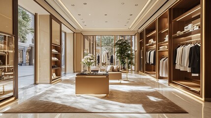 Modern and luxurious clothing store with clothes arranged in the wardrobe