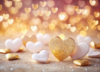 Obraz premium Romantic Background Featuring Golden and White Hearts on a Soft Pink and White Textured Surface for Love-Themed Designs and Celebrations
