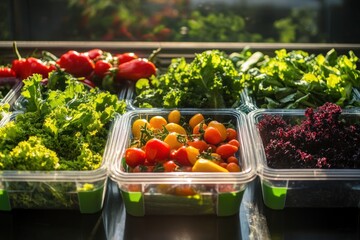 A fresh assortment of colorful organic vegetables neatly placed in reusable eco-friendly containers, prepared for delivery. The sunlight reflects off the glossy surface of the vegetables