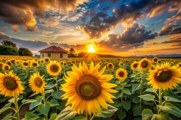 Obraz premium Serene Sunset Over a Lush Sunflower Field with Architectural Elements in the Background, Capturing Nature's Beauty and Man-Made Structures in Perfect Harmony
