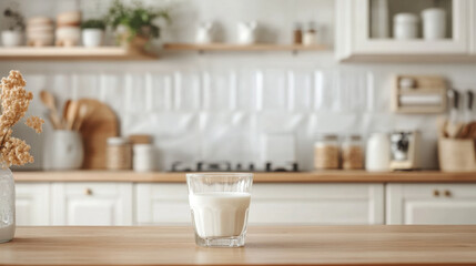 fresh modern aesthetic with glass of milk on wooden table, surrounded by cozy kitchen setting. warm tones and natural elements create welcoming atmosphere