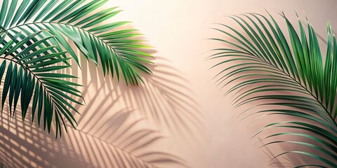 Serene Tropical Palm Shadows Dancing on a Soft Pastel Wall with Left Positioning, Perfect for Minimalist Decor and Relaxing Ambiance in Contemporary Spaces