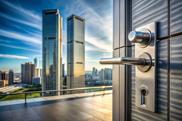 Fototapeta premium Steel Handle and Key on a Modern Steel Door in Urban Setting, Showcasing the Intricacies of Architectural Design and City Life, Perfect for Interior and Exterior Photography Projects