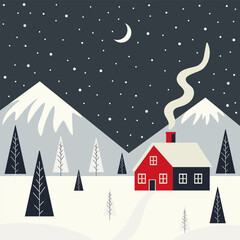Naklejka premium House in the forest in the mountains. Winter landscape. Vector flat illustration