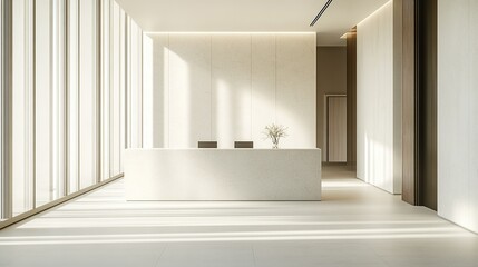 Minimalist hotel reception area in white style with table near large glass window