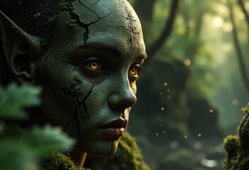 Obraz premium Dark gothic art, ancient being emerging from stone, moss-covered features