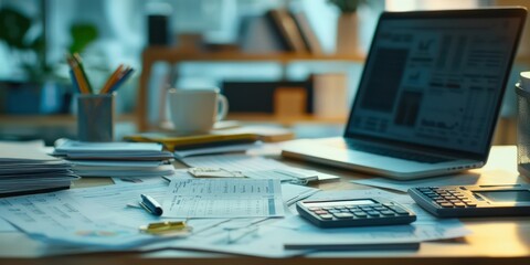 A close-up of financial documents, calculators, and laptops on a desk, symbolizing careful financial planning and analysis.