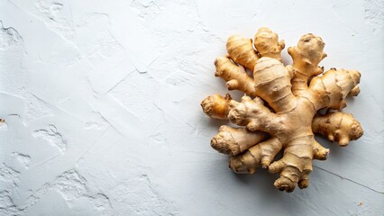 Top View of Fresh Raw Ginger Root on White Background with Copy Space for Text, Ideal for Herbal Medicine Concepts, Cooking, and Health Benefits of Ginger