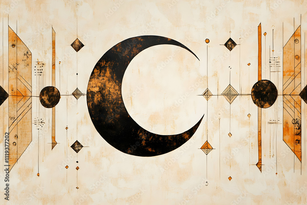 Poster abstract design featuring a large crescent moon surrounded by geometric shapes and patterns.