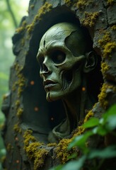 Obraz premium Dark gothic art, ancient being emerging from stone, moss-covered features