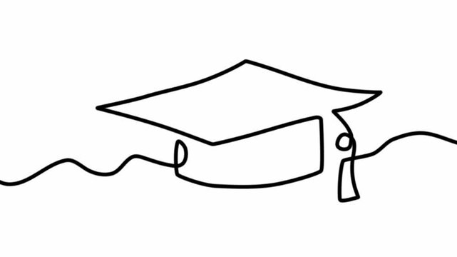 Self drawing simple animation of continuous one line drawing of graduation cup with tissel. Black lines on a white background. Hand drawing.