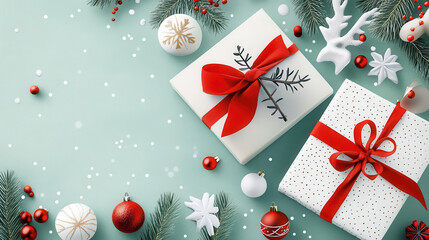 Christmas gift boxes with red ribbon and decorations on blue background.