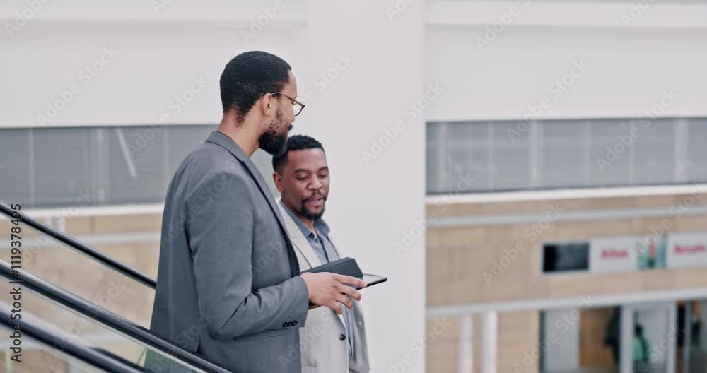 Poster escalator, planning and business with black people and tablet for mentor, networking and client prop