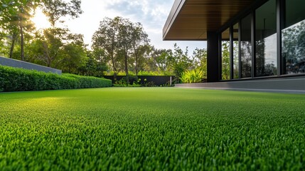 Artificial grass lawn with modern house facade. Sustainable landscaping concept