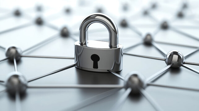 padlock symbolizes security, hovering above interconnected lines representing network. This conveys importance of protection in digital connections