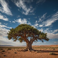 Fototapeta premium A towering juniper tree in the arid plains of the Middle East under a vivid sky.
