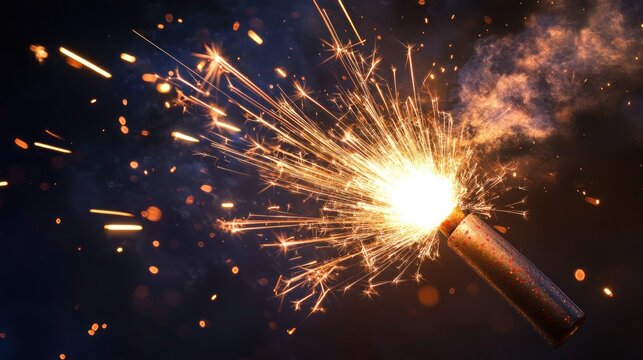 A firecracker exploding in the night sky, captured at the moment of ignition with vibrant sparks shooting outward, frozen against a dark backdrop