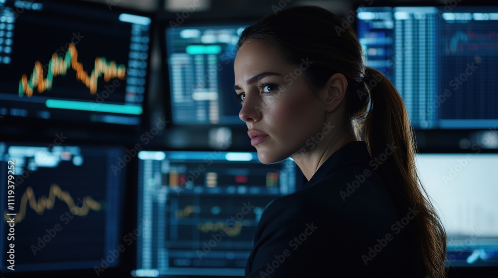Poster confident female trader working at stock market desk with trading charts on computer screen