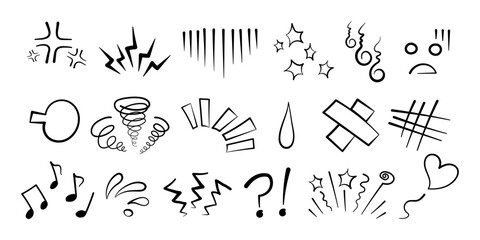 Manga or anime comic emoticon element graphic effects hand drawn doodle vector illustration set isolated on white background. Line style manga doodle line expression scribble anime mark collection.