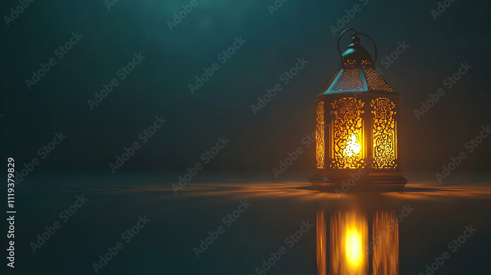 Poster a decorative lantern casting a warm glow on a reflective surface in a dimly lit setting.