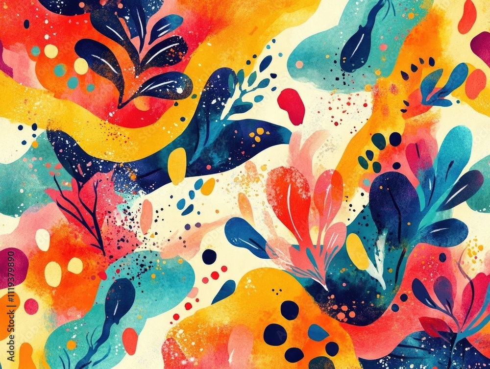 Poster vibrant bohemian inspired abstract watercolor painting with bold freeform splashes and patterns retr