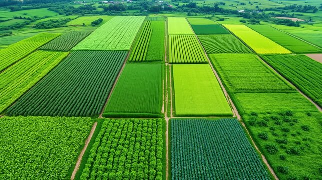 Green agricultural fields with dirt roads from above. Farming industry concept