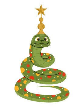 Cute christmas tree snake with star. Symbol of 2025 New Year with xmas decoration. Isolated vector illustration on white background.