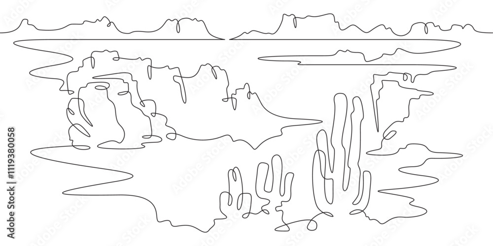 Poster continuous one line drawing cacti in the desert. desert rocky landscape. arizona. rocks and mountain