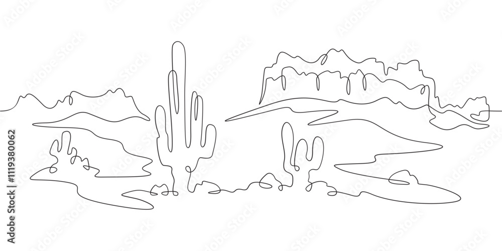 Poster continuous one line drawing cacti in the desert. desert rocky landscape. arizona. rocks and mountain