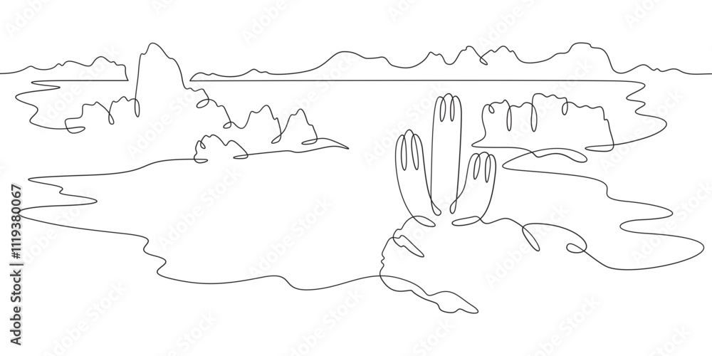 Poster continuous one line drawing cacti in the desert. desert rocky landscape. arizona. rocks and mountain